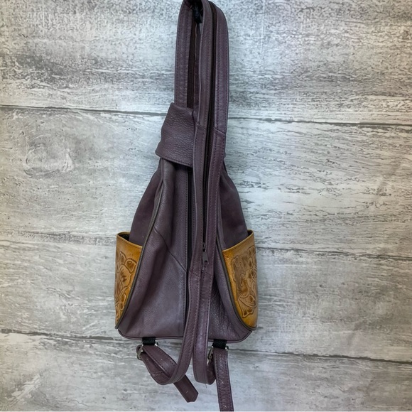 Tooled Leather Backpack Boho Western Mini Bag Purse Satchel VTG Purple Tan - Picture 9 of 9